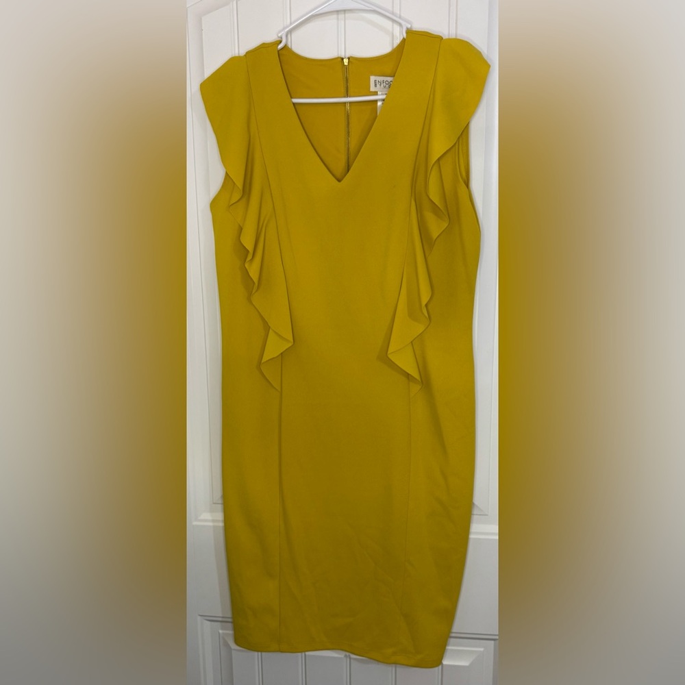 Enfocus Studio Mustard Ruffle V-Neck Sheath Dress